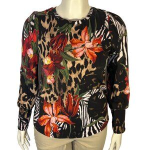 Chico's Top Womens M (1) Floral and Animal Prints Long Sleeve Crew Neck